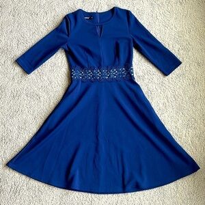 Owin Floral waist fit and flare 3-4 sleeve dress navy blue